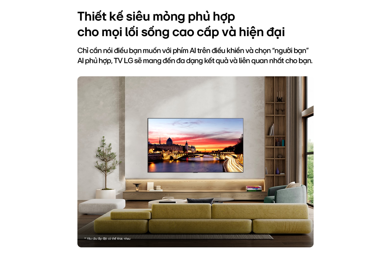 LG OLED evo AI C6 is wall-mounted in a styled living space, featuring an ultra-slim design with narrow bezels, and it displays a riverside cityscape at sunset on screen. 